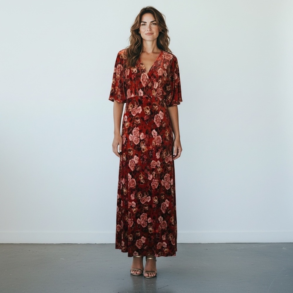 Johnny Was Alanis Maxi Dress Red Floral Silk Velvet V-Neck Size Medium